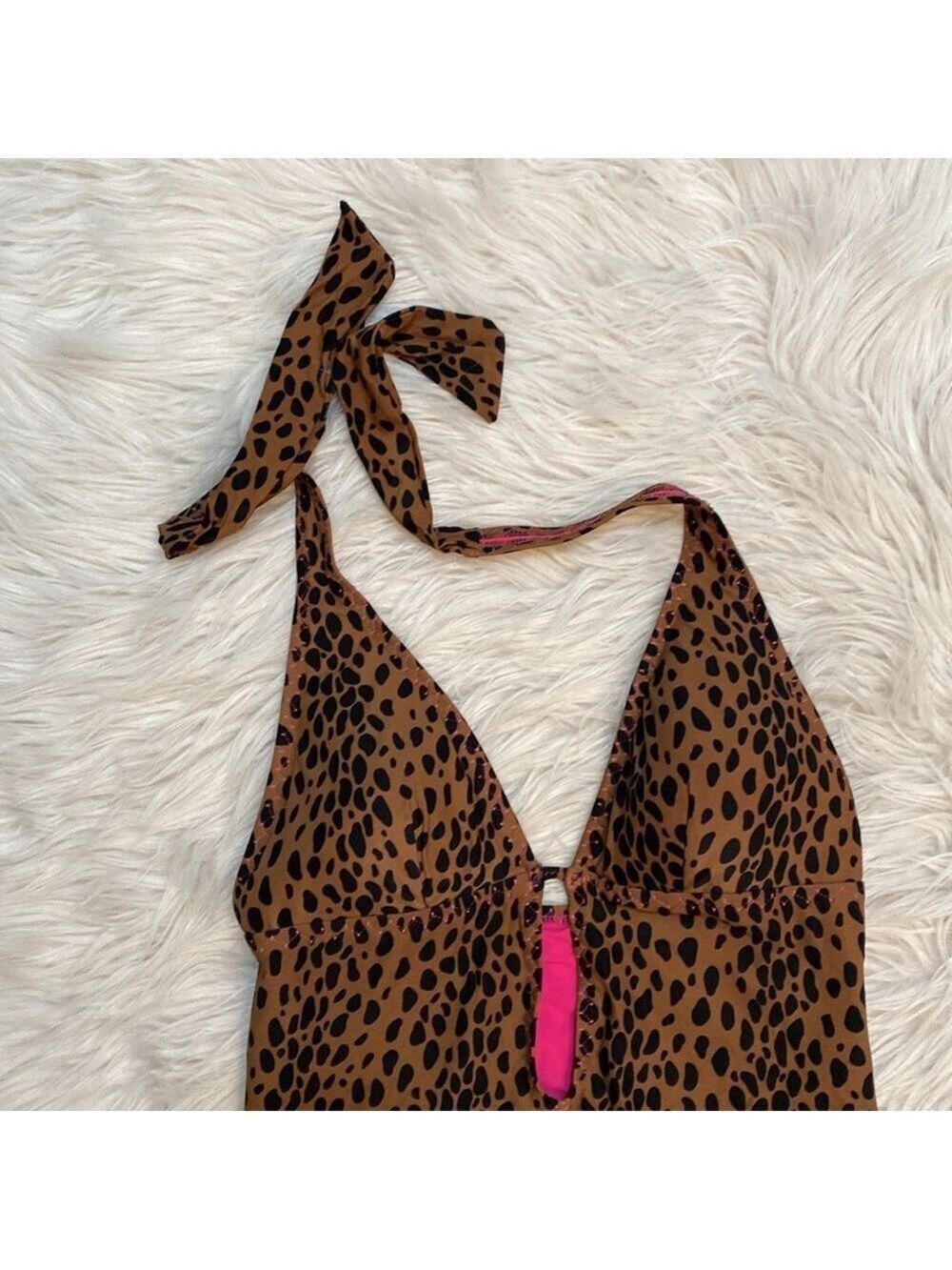 DKNY Leopard Print Plunge Neck One-Piece Swimsuit, Size 10 - Picture 4 of 16